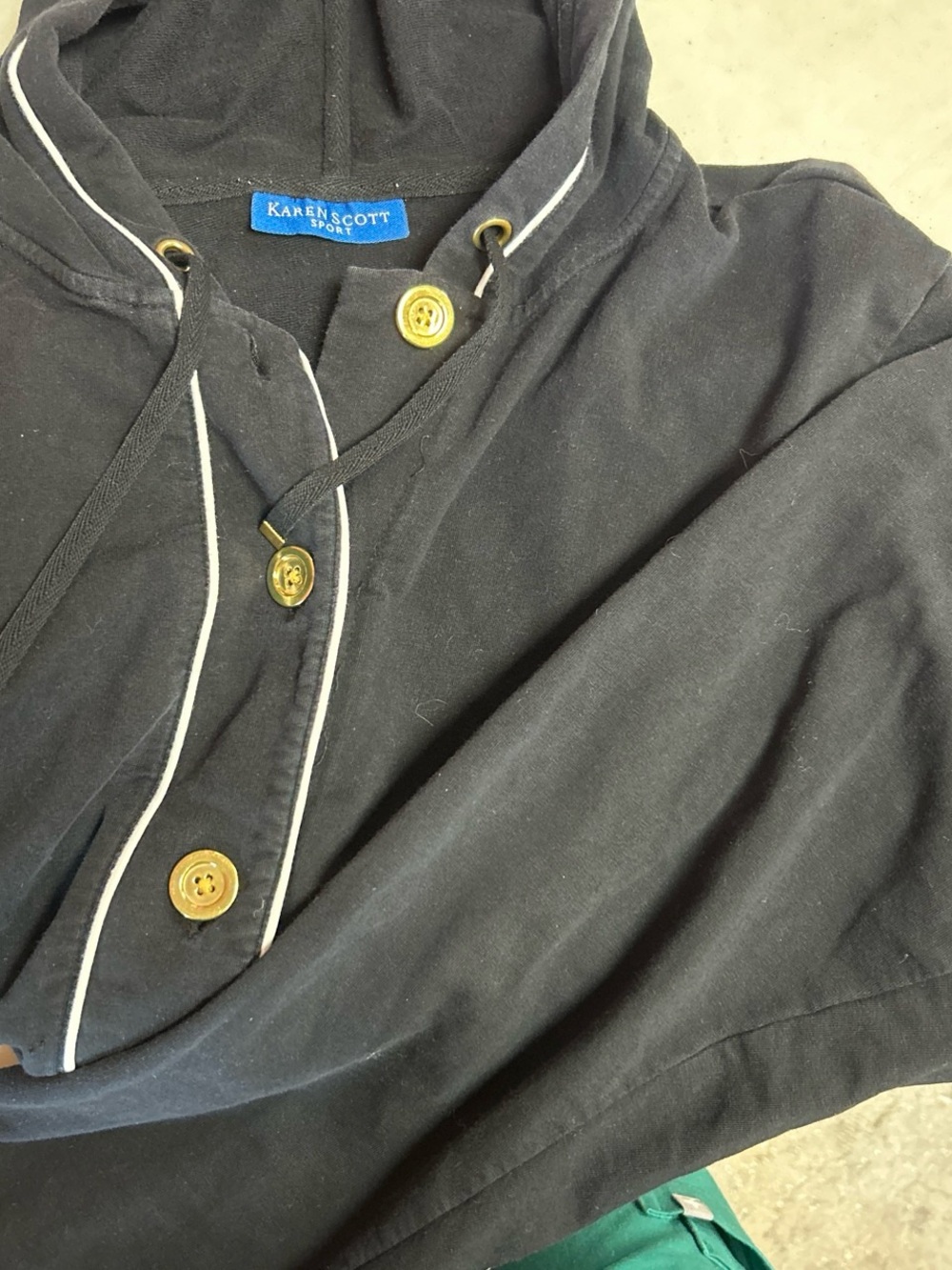 Karen Scott Navy Hooded Top with White Trim and Gold Buttons